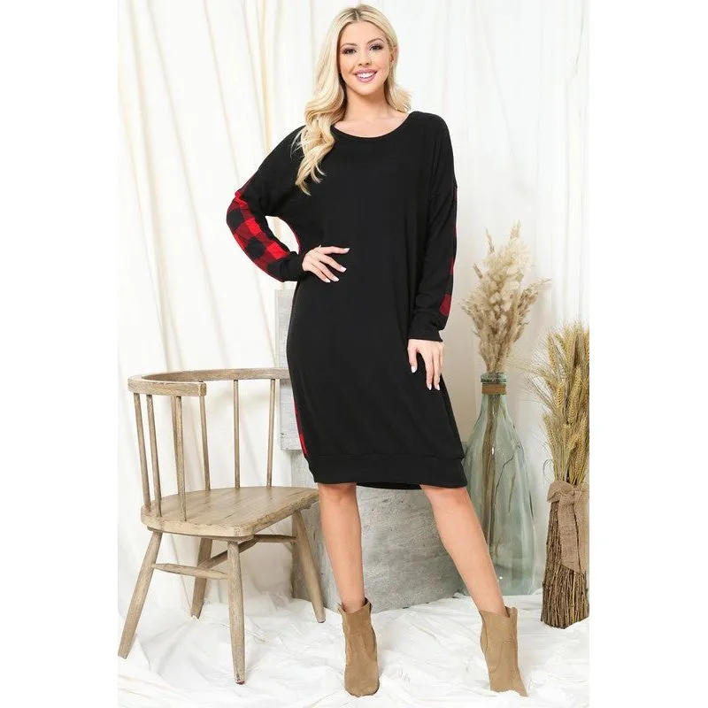 ACTING PRO Plus Plaid Solid Contrast Long Sleeve Midi Dress