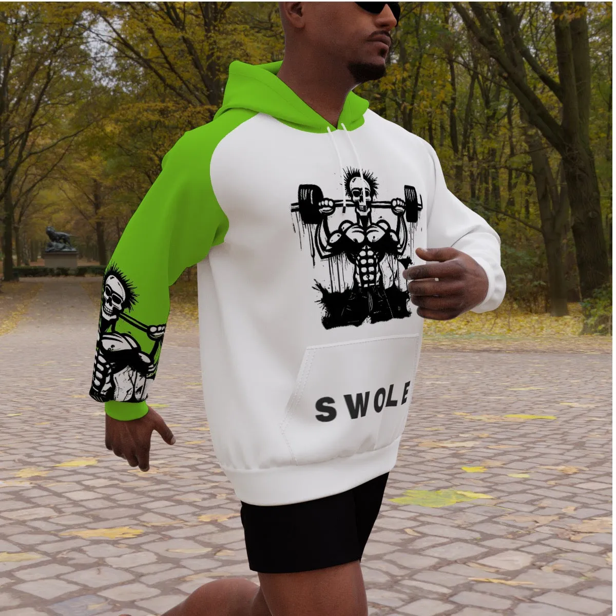 All-Over Print Men's Heavy Fleece Raglan Hoodie green/white weightlifting theme