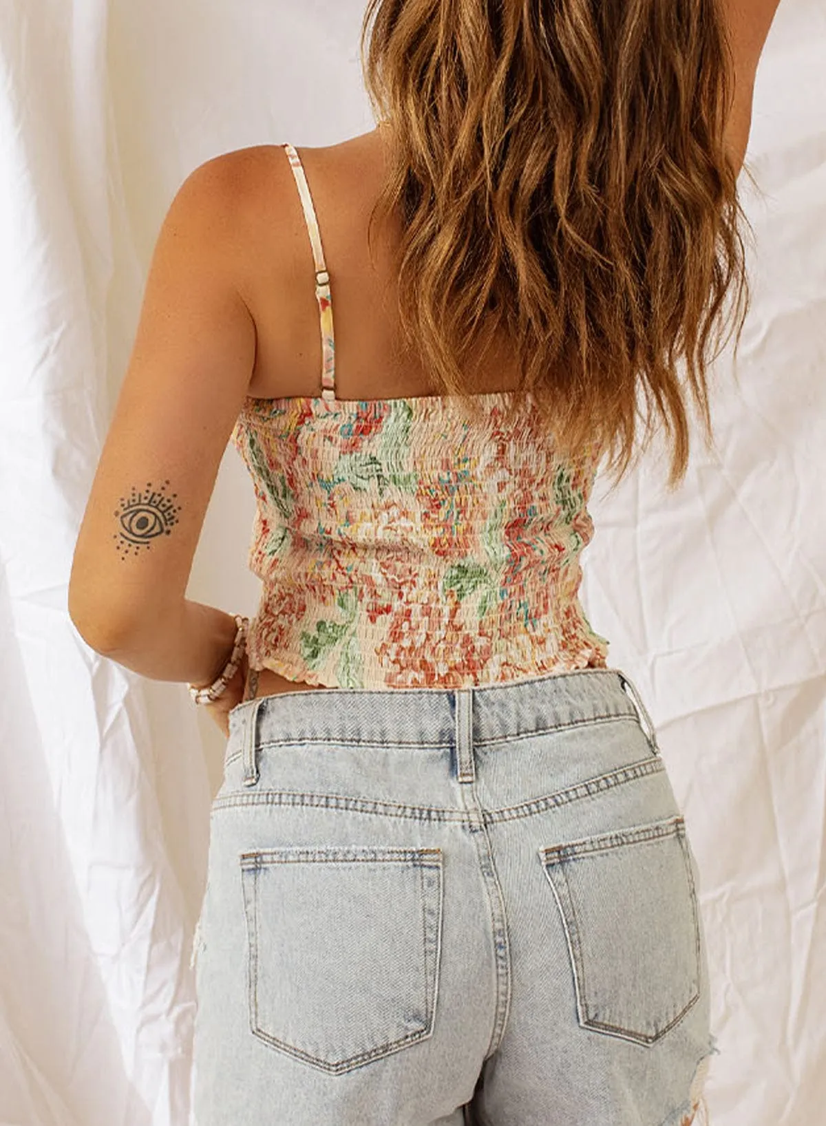 Apricot Smocked Floral Print Ruched Camisole