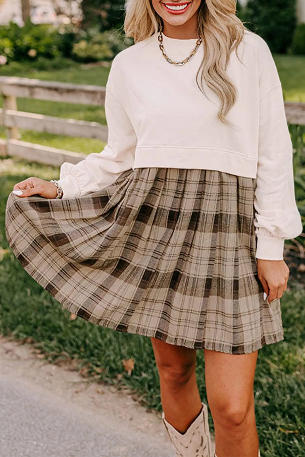 Beige Plaid Sweatshirt Dress