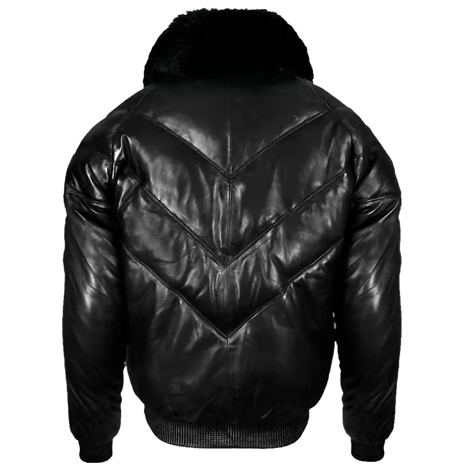 Black Leather V Bomber Jacket with Fur - Leather Down Jacket