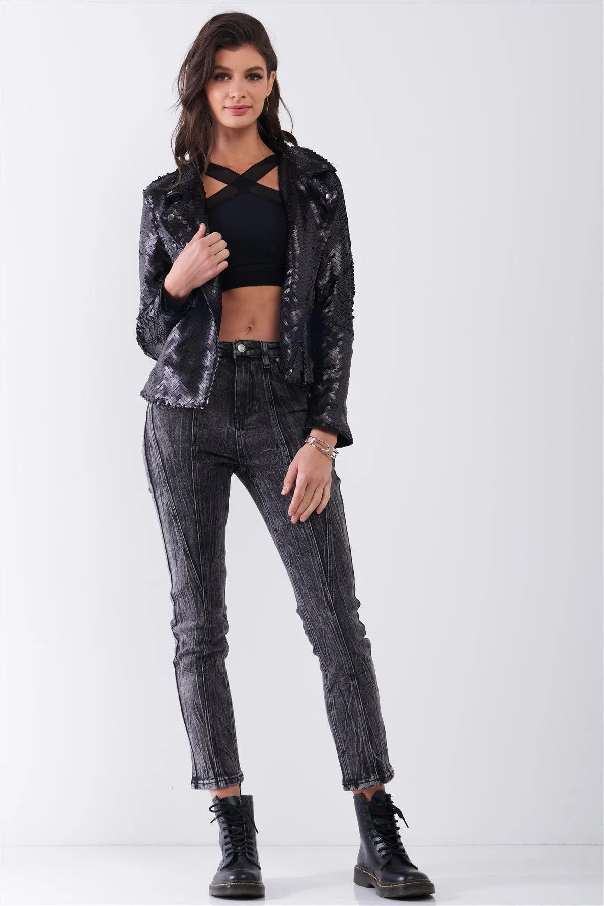 Black Matte Sequin Long Zip-Up Sleeve Oblique Zipper Front Detail Glam Jacket /1-2-2-1