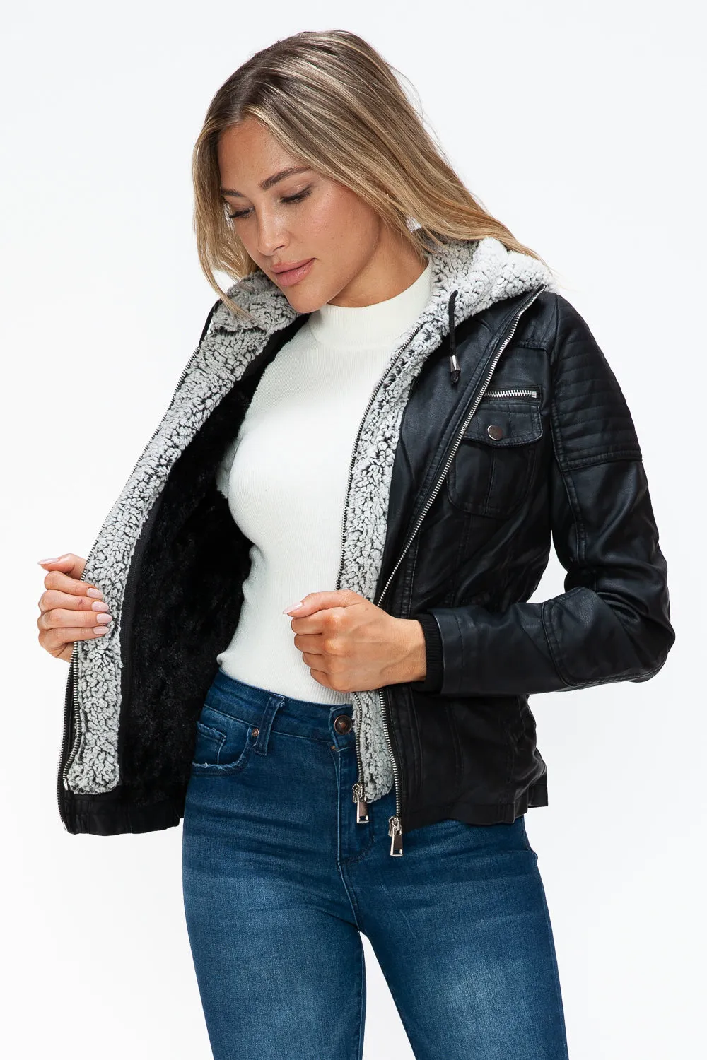 Black Removable Faux Layered Multi-Pocket Jacket with Fuzzy Hood