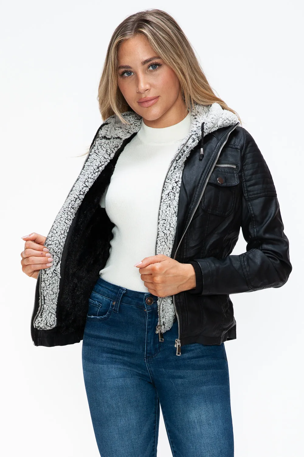 Black Removable Faux Layered Multi-Pocket Jacket with Fuzzy Hood