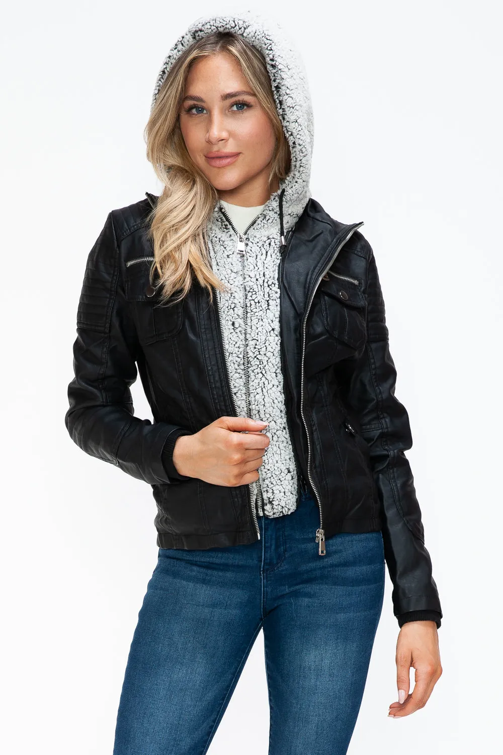 Black Removable Faux Layered Multi-Pocket Jacket with Fuzzy Hood