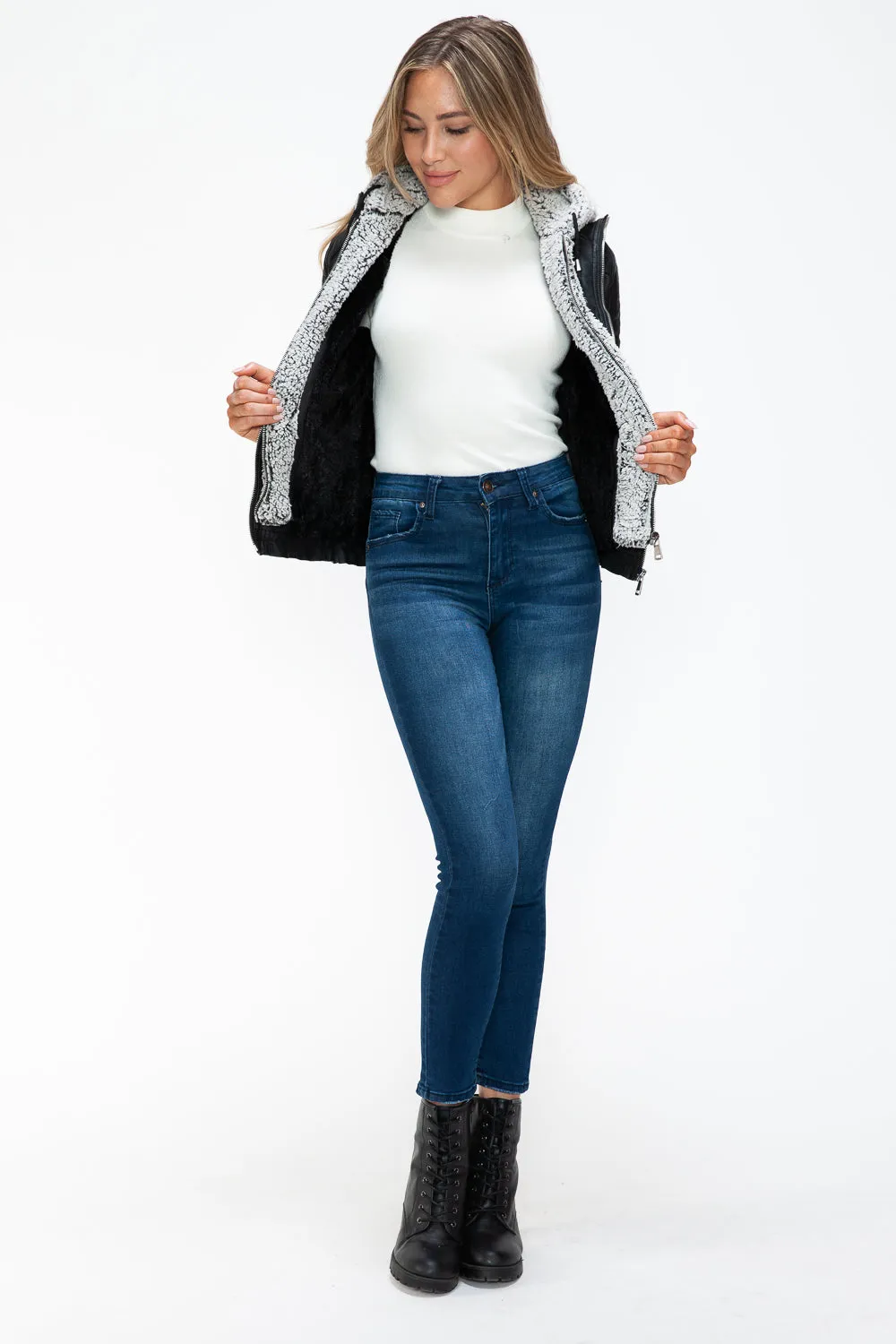 Black Removable Faux Layered Multi-Pocket Jacket with Fuzzy Hood