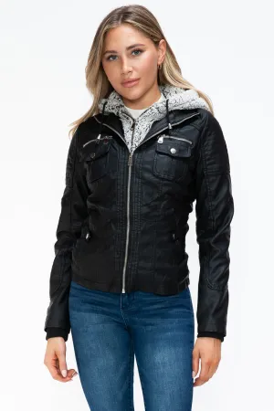 Black Removable Faux Layered Multi-Pocket Jacket with Fuzzy Hood