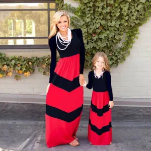 Black&Red Long-sleeve Stitching Striped Matching Dresses