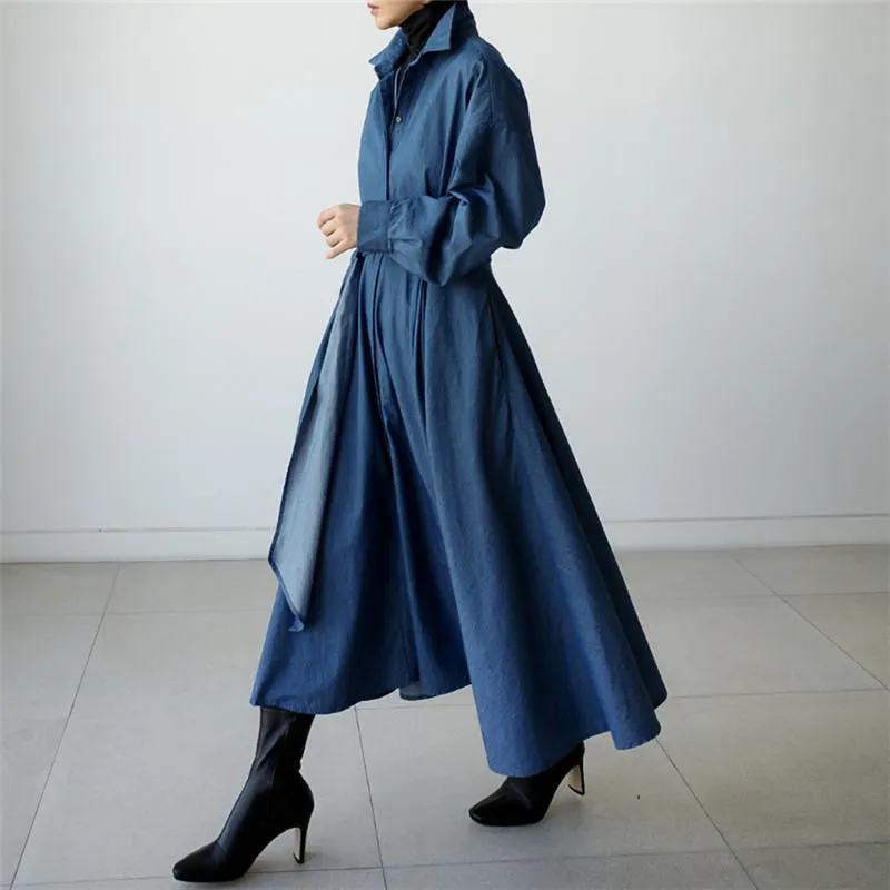 Blue Long Sleeve Loose Denim Shirts Maxi Dresses