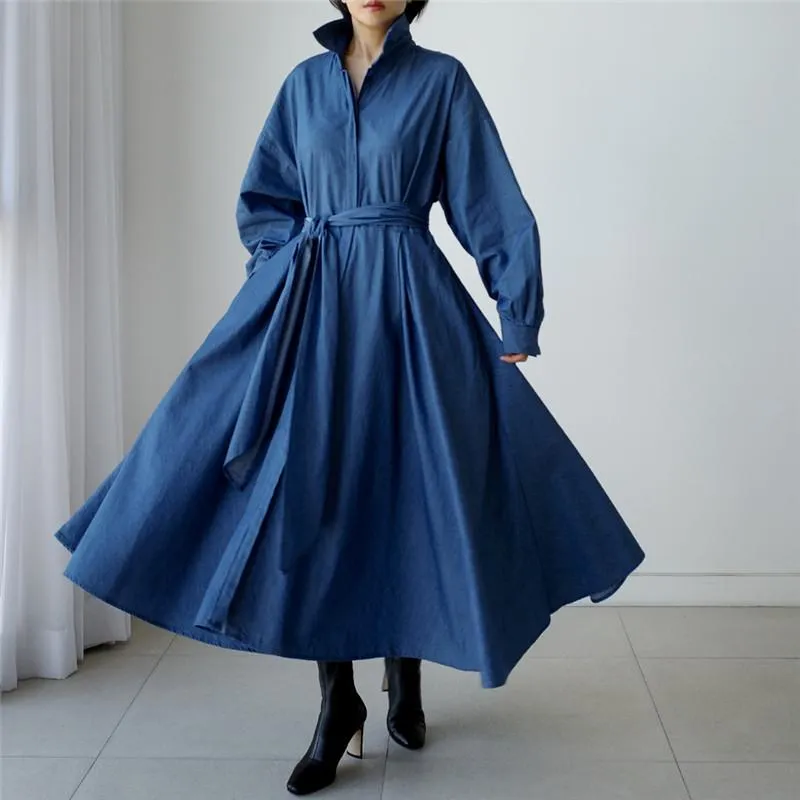 Blue Long Sleeve Loose Denim Shirts Maxi Dresses