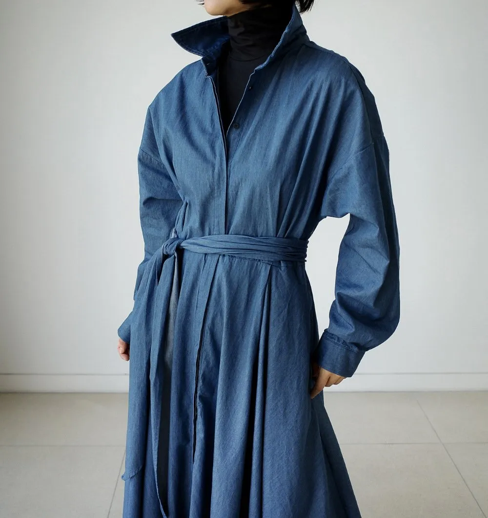 Blue Long Sleeve Loose Denim Shirts Maxi Dresses