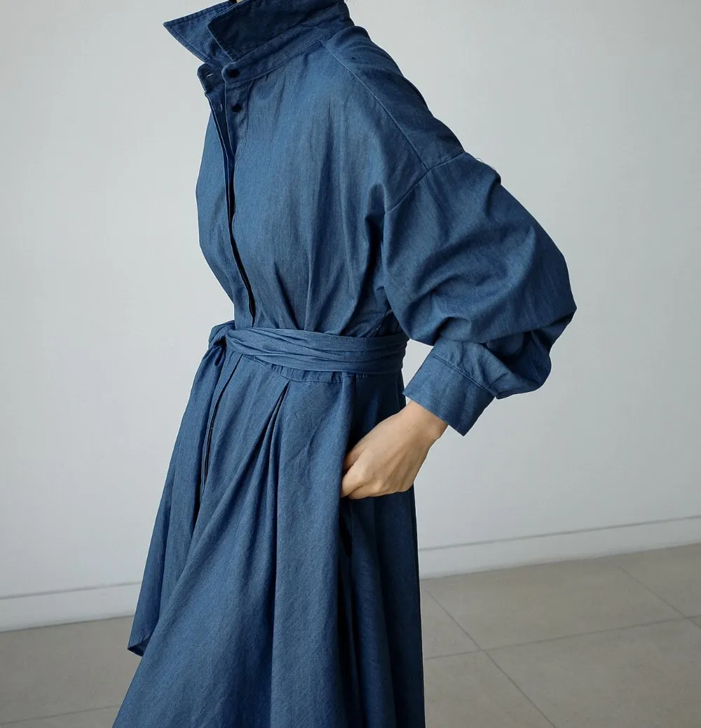 Blue Long Sleeve Loose Denim Shirts Maxi Dresses