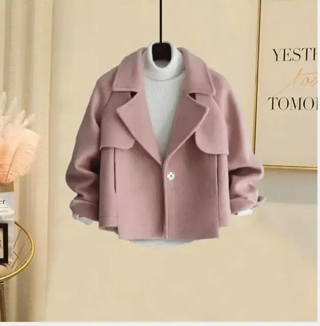 Bonnyshow 1pcs/lot Elegant Woolen Coat Turn-Down Collar Women Winter Single Button Coats  Solid Outwear Lady Short coat