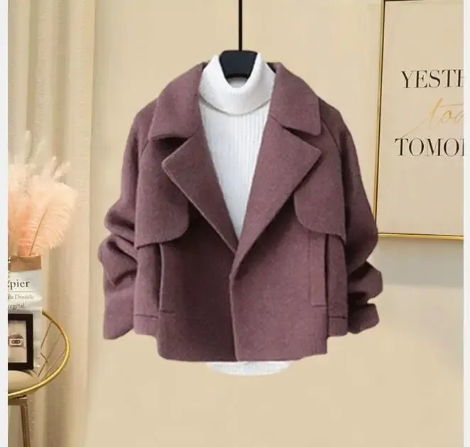 Bonnyshow 1pcs/lot Elegant Woolen Coat Turn-Down Collar Women Winter Single Button Coats  Solid Outwear Lady Short coat