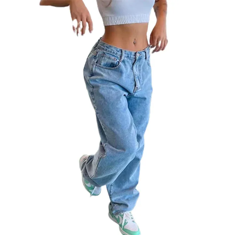 Bonnyshow Women Loose Wide Leg Straight Jeans Vintage Streetwear Ladies Mid Waist Button Splicing Denim Pants Comfortable Casual Trousers