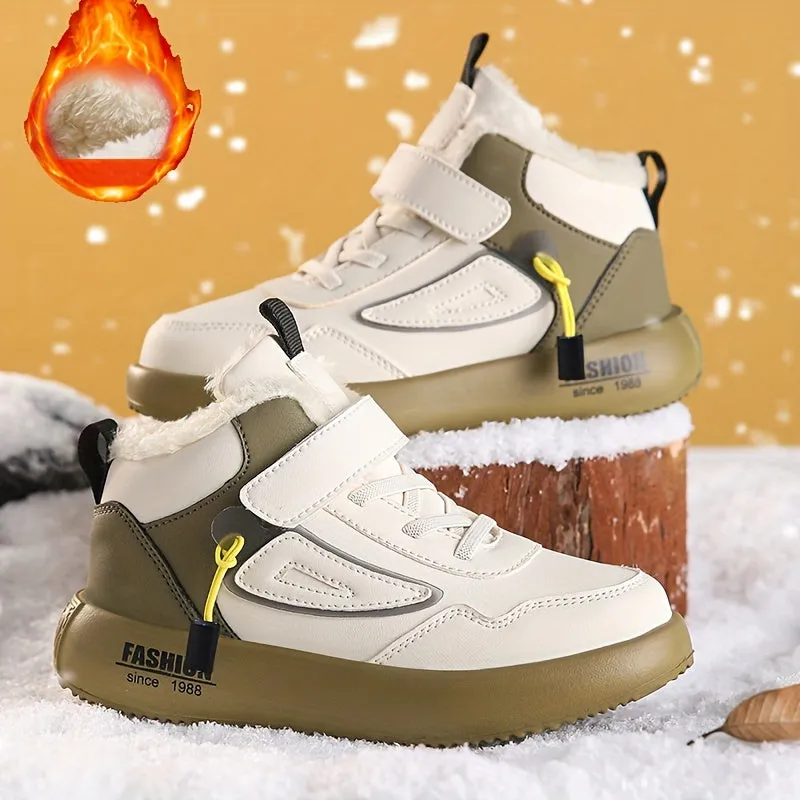 Boys' Warm Plush-Lined High Top Snow Boots - Comfy Non-Slip Shoes for Outdoor Activities.