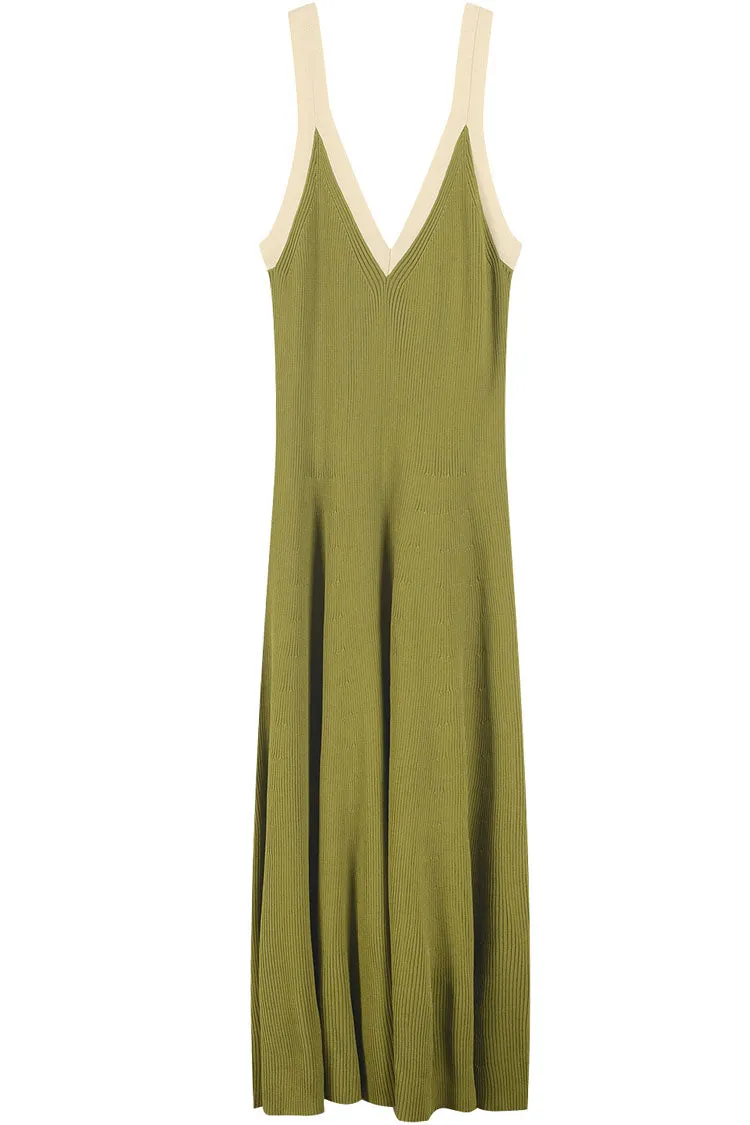 Breezy Contrast Trim V Neck Sweater Beach Vacation Midi Dress - Green