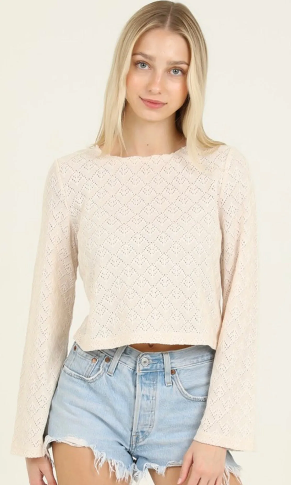 Caleen Ivory Light Weight Open Knit Flare Sleeve Top