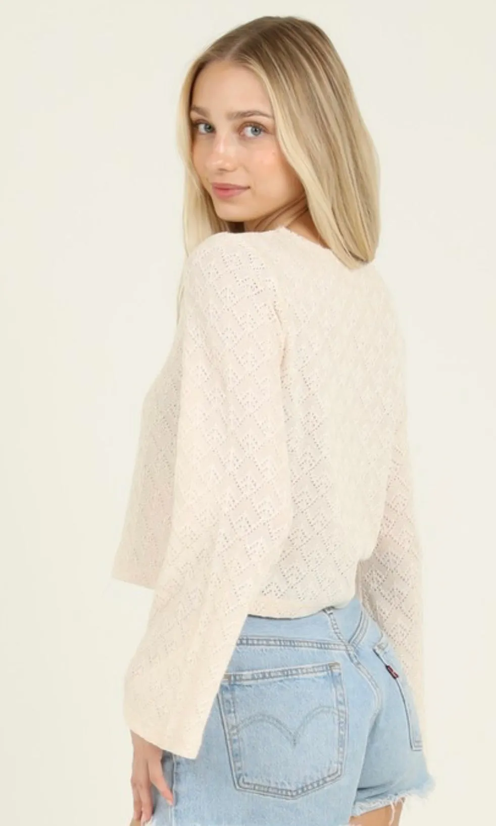 Caleen Ivory Light Weight Open Knit Flare Sleeve Top