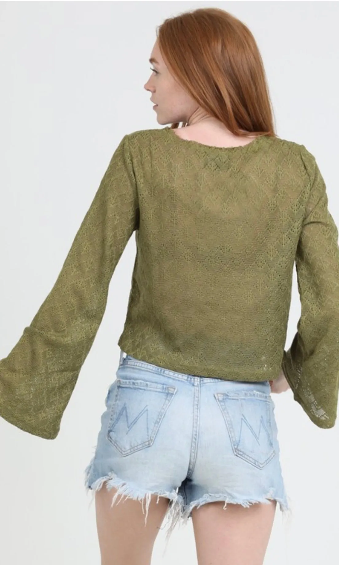 Caleen Olive Light Weight Open Knit Flare Sleeve Top