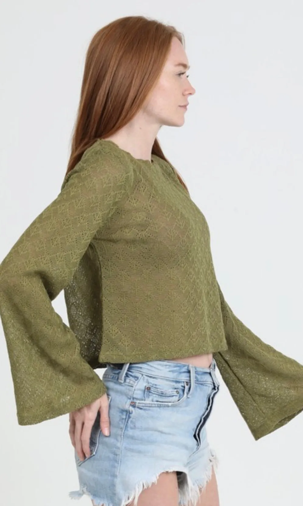 Caleen Olive Light Weight Open Knit Flare Sleeve Top