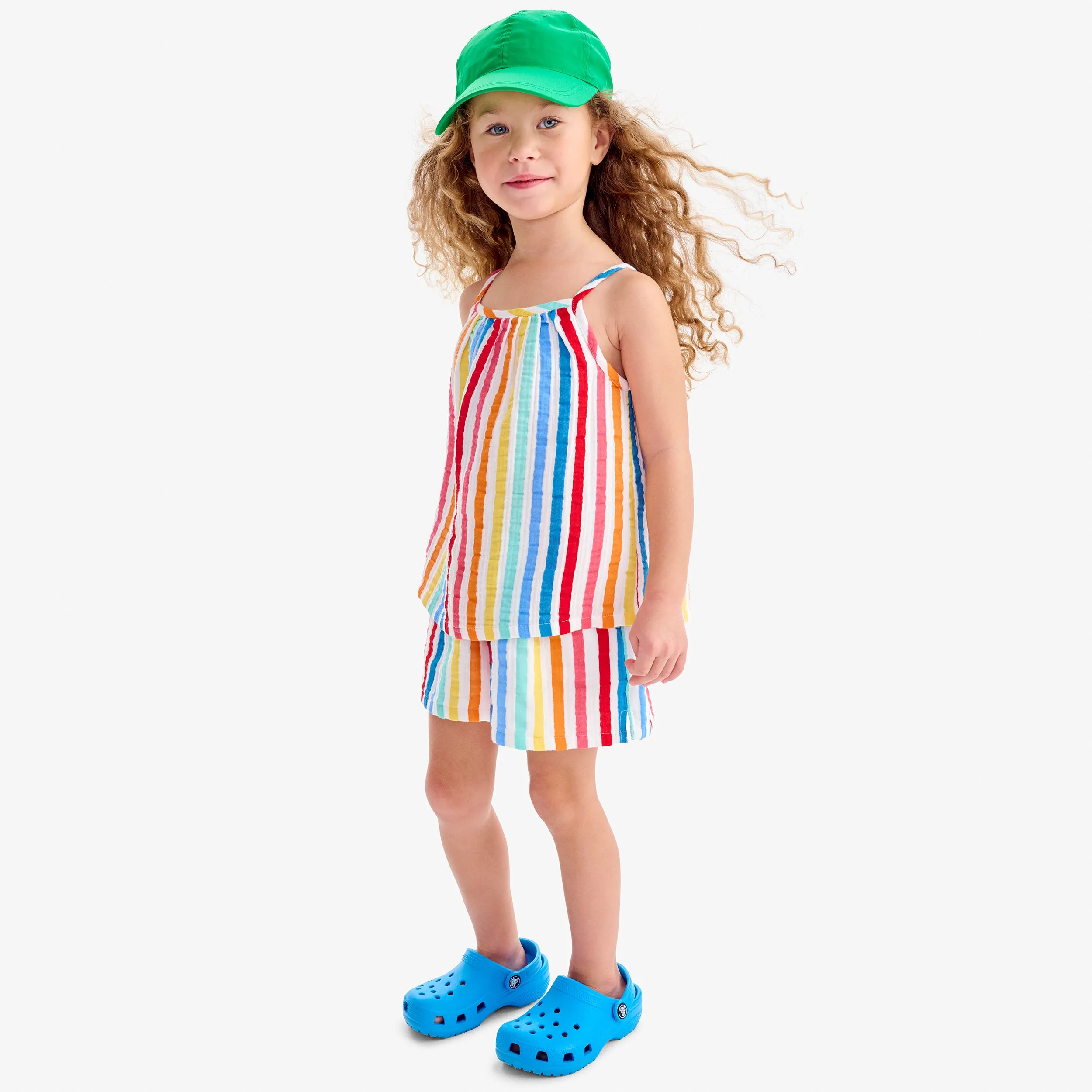 Clearance cotton gauze beach short in bright rainbow stripe