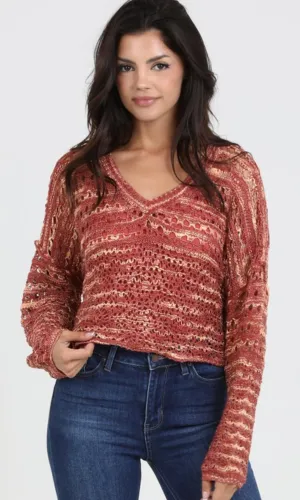 Cleta Rust Open Knit V Neck Pullover Sweater