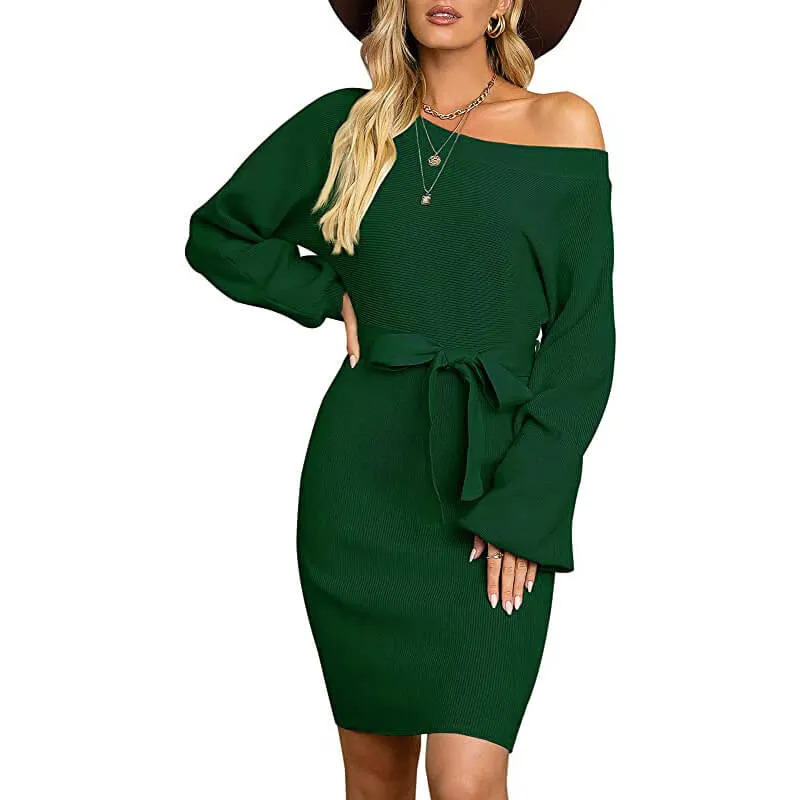 Cozy Cute Off Shoulder Casual Belted Dress  COLORS