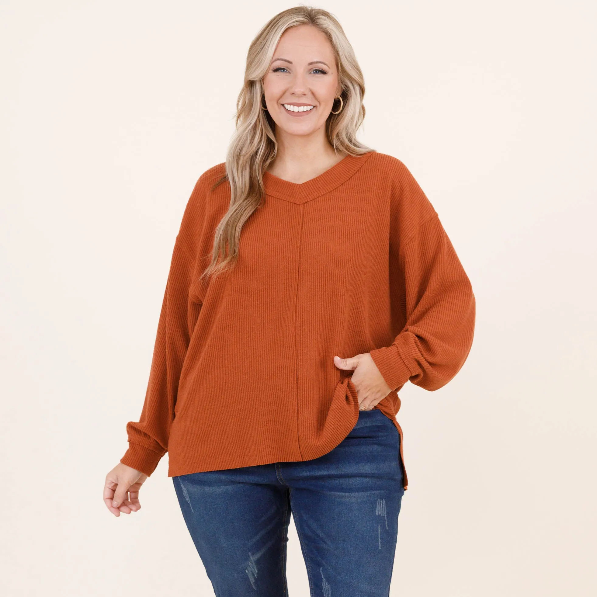 Cozy Textured Sweatshirt, Rust