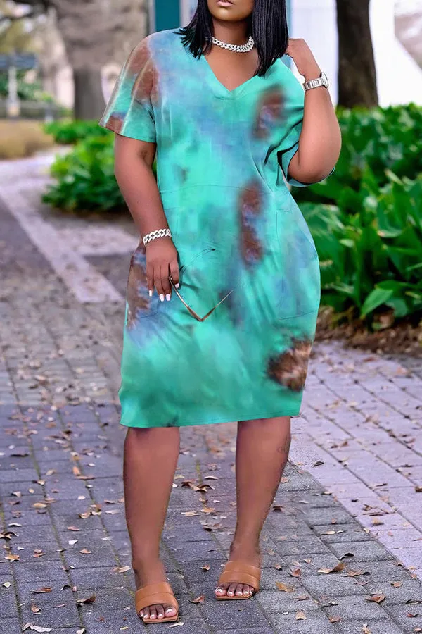 Cozy Tie Dye V-neck Pocket Casual Dress