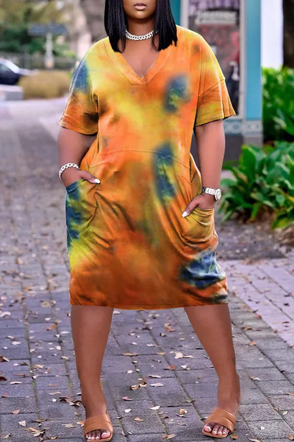 Cozy Tie Dye V-neck Pocket Casual Dress