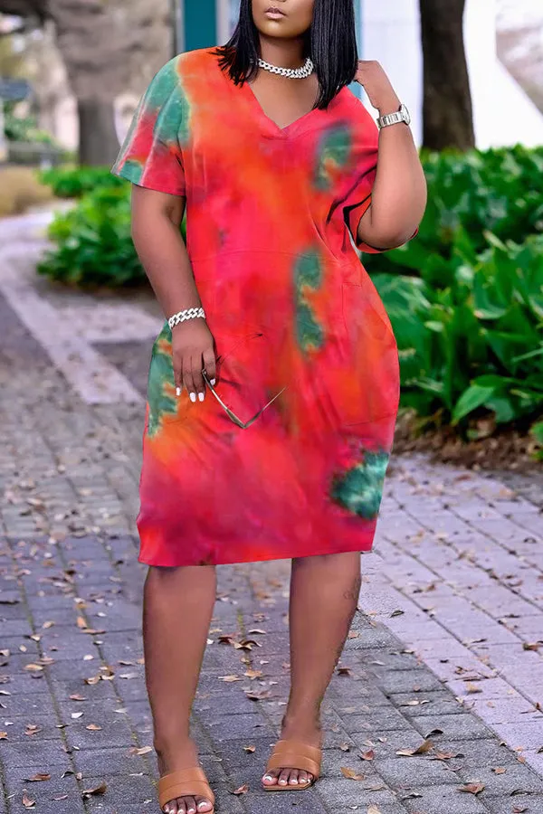 Cozy Tie Dye V-neck Pocket Casual Dress