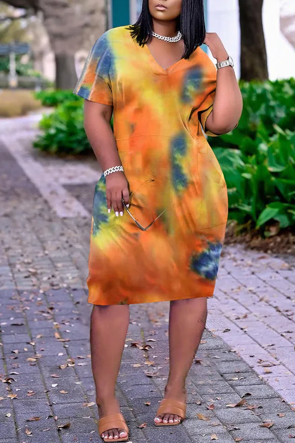 Cozy Tie Dye V-neck Pocket Casual Dress