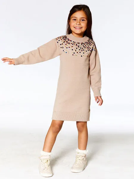 Deux Par Deux Gold Beige Knitted Dress With Sequins Girls 4-12