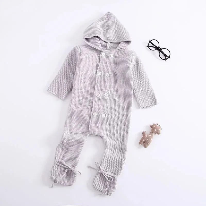 Double-breasted Hoodie Baby Knitted Gray Onesie