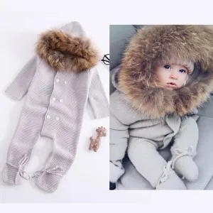 Double-breasted Hoodie Baby Knitted Gray Onesie