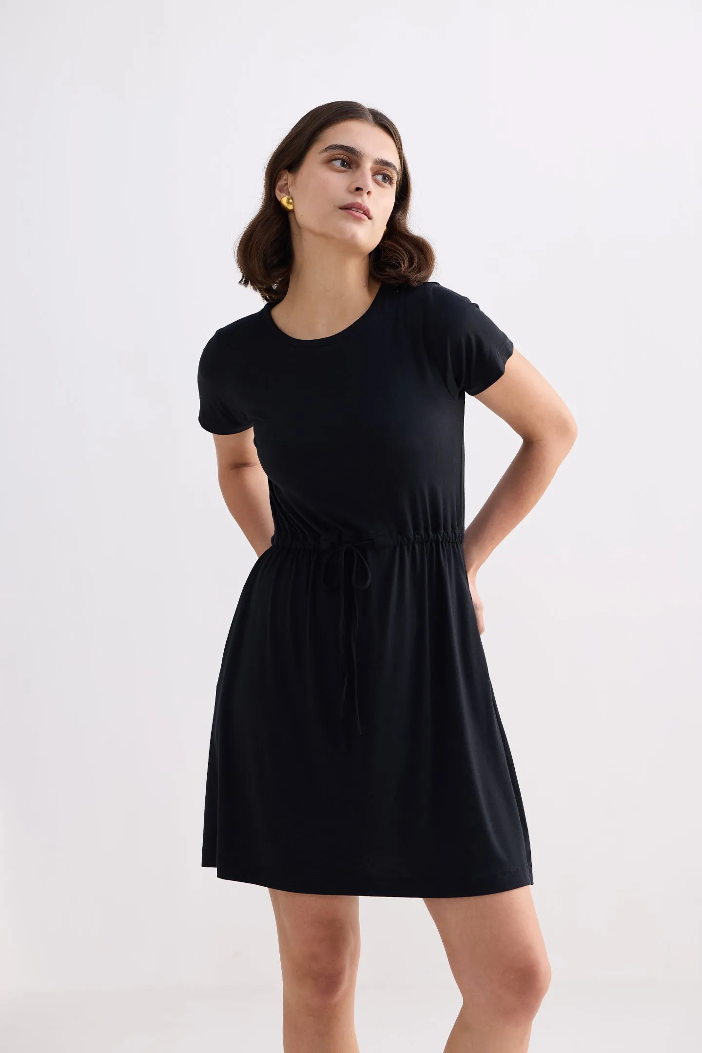 Drawstring Short T-shirt Dress in Black