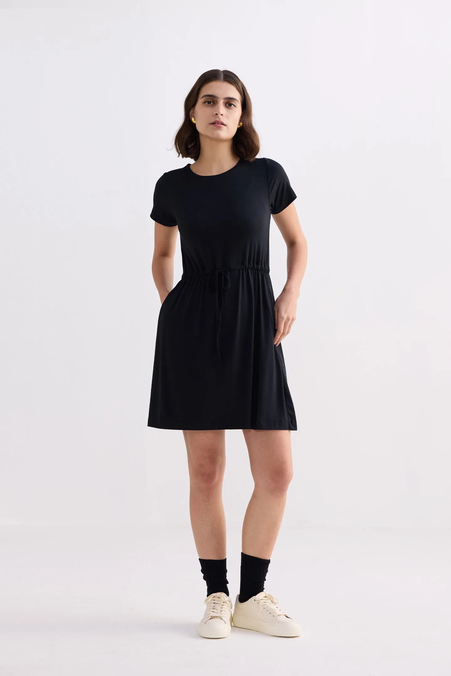 Drawstring Short T-shirt Dress in Black