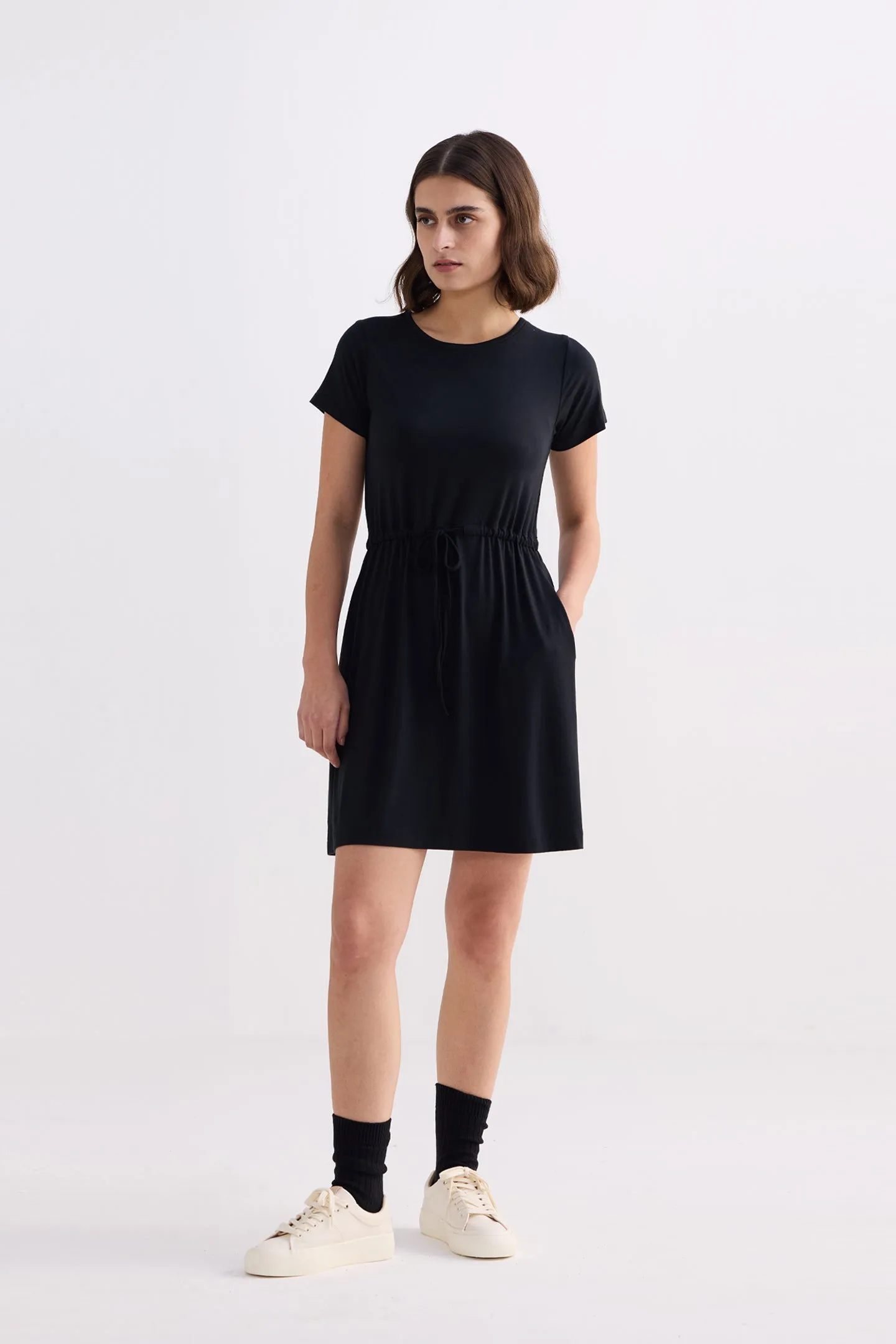 Drawstring Short T-shirt Dress in Black