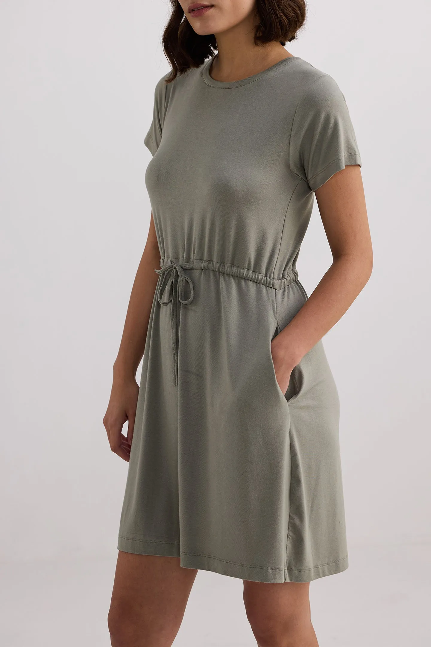 Drawstring Short T-shirt Dress in Light Olive