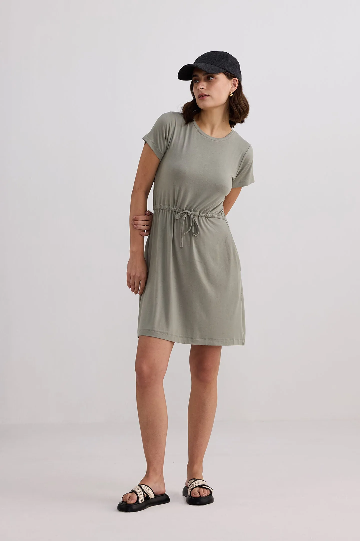 Drawstring Short T-shirt Dress in Light Olive