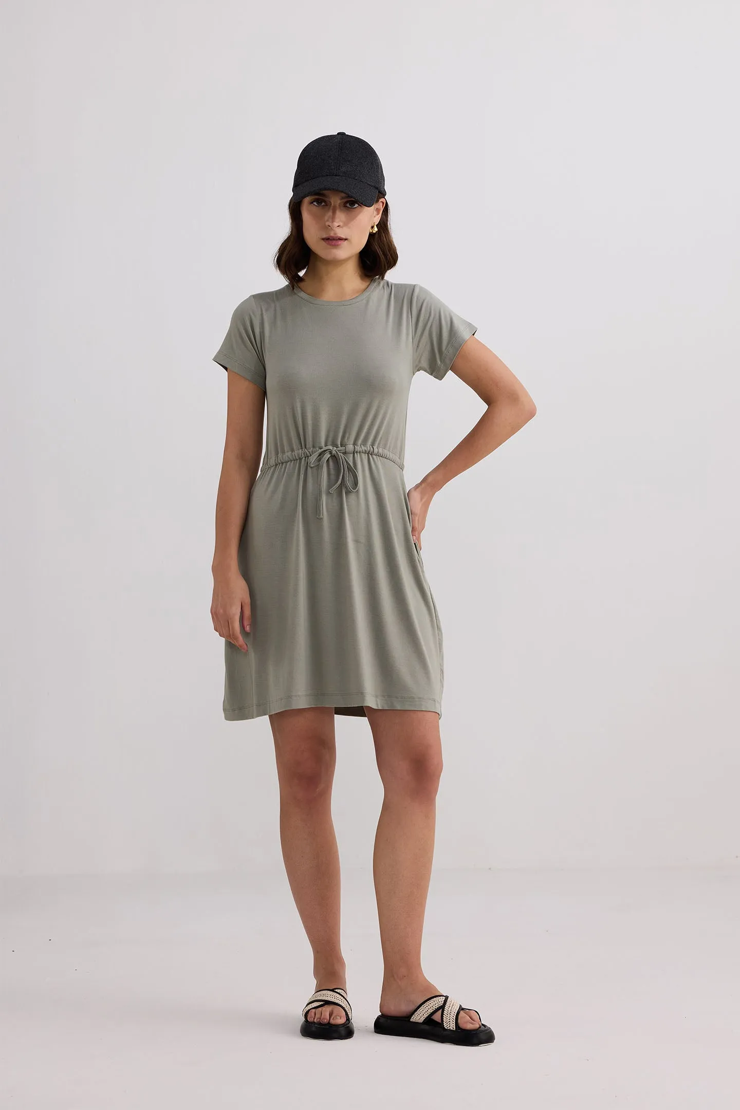 Drawstring Short T-shirt Dress in Light Olive