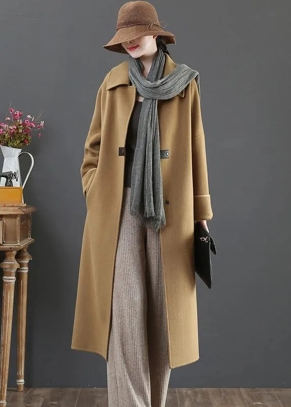 Elegant oversize Coats winter woolen outwear brown lapel pockets wool coat for woman