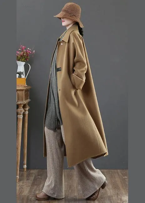 Elegant oversize Coats winter woolen outwear brown lapel pockets wool coat for woman