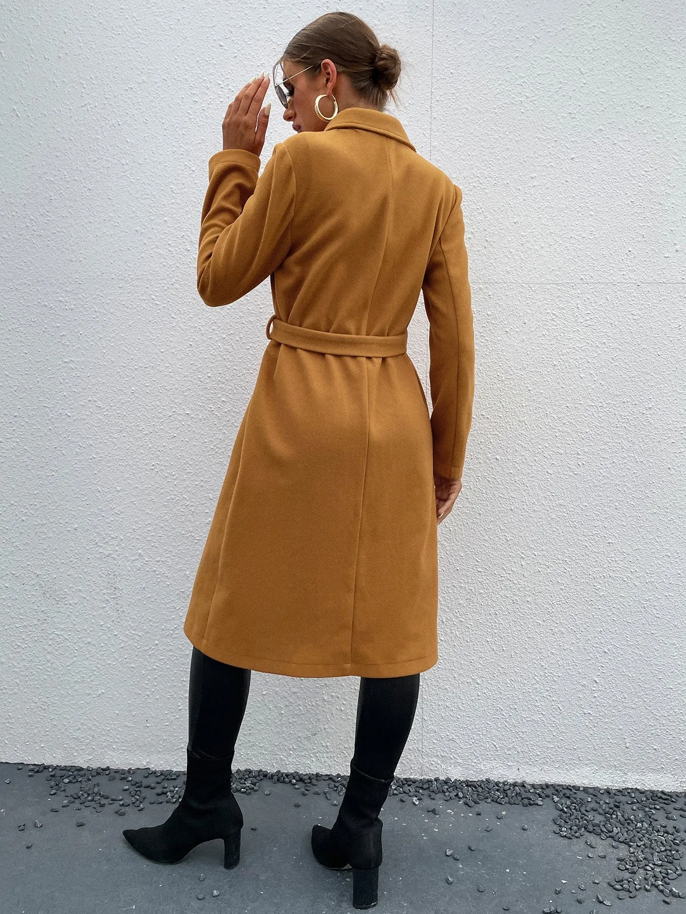 Elegant Plain Button Front Long Sleeve Lapel Midi Women Coat