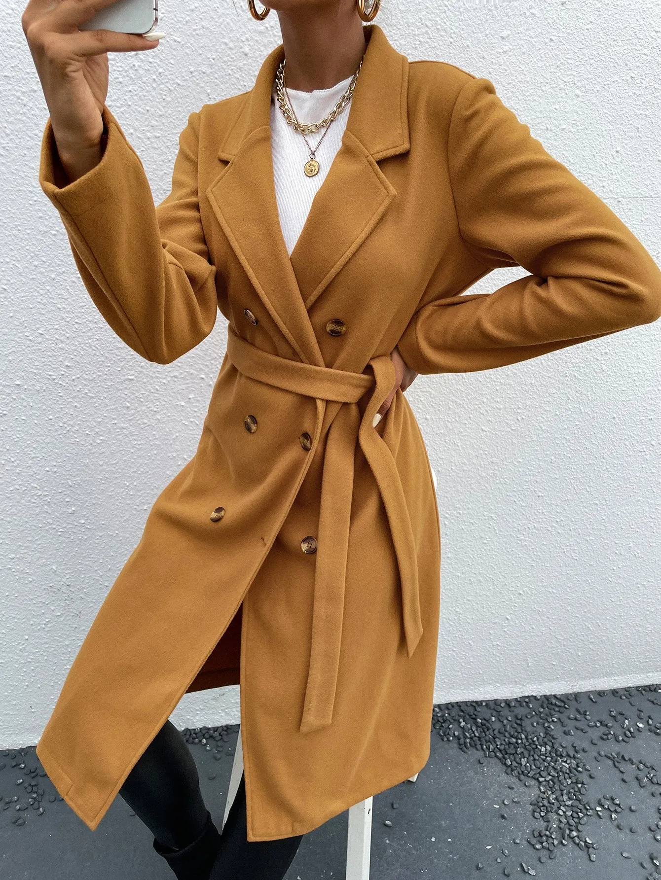 Elegant Plain Button Front Long Sleeve Lapel Midi Women Coat