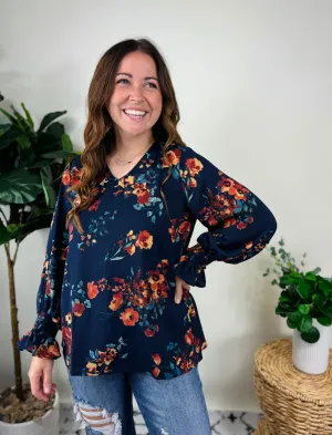 Fall Into Floral Navy Smocked Top