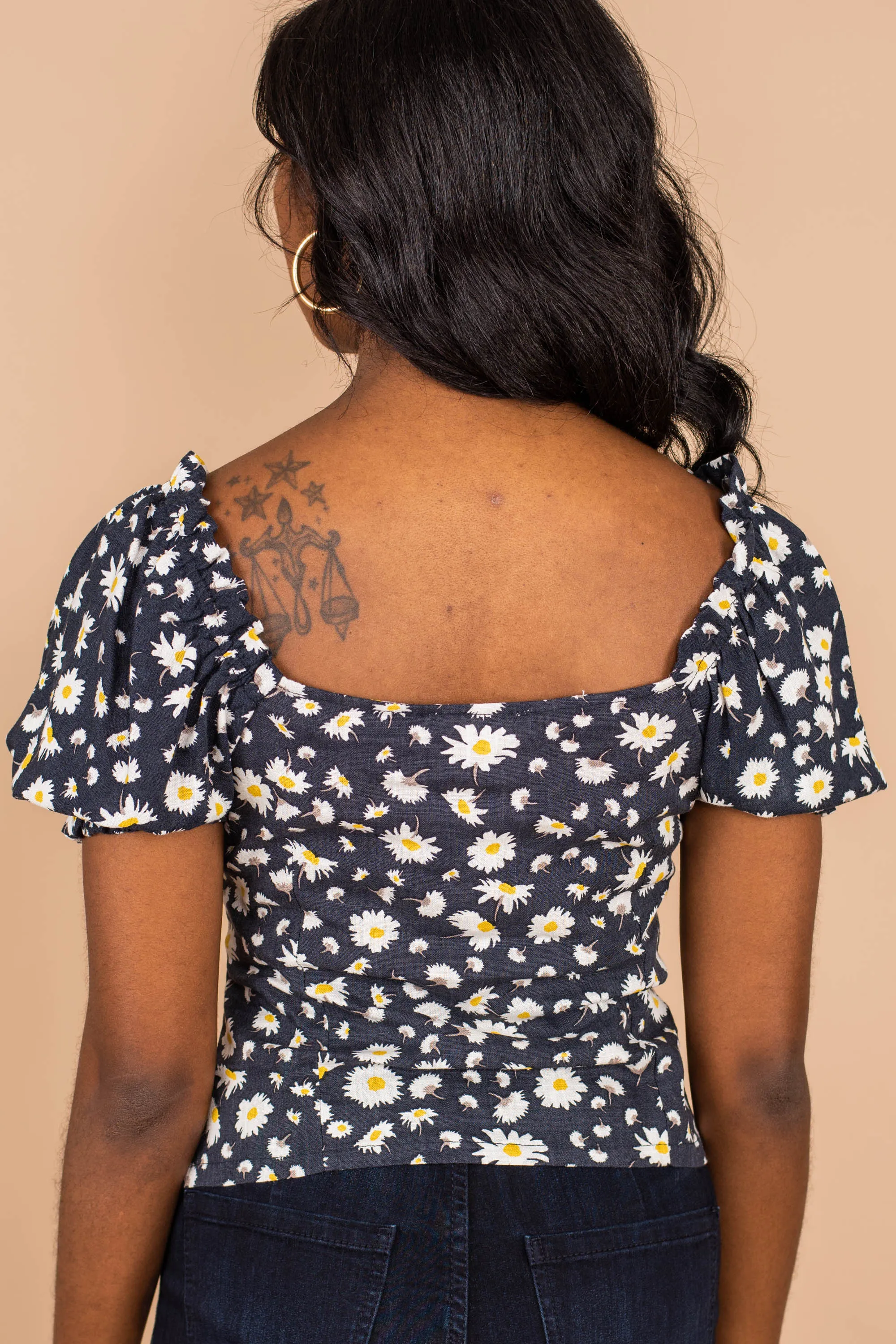 Feminine Wiles Navy Blue Floral Top