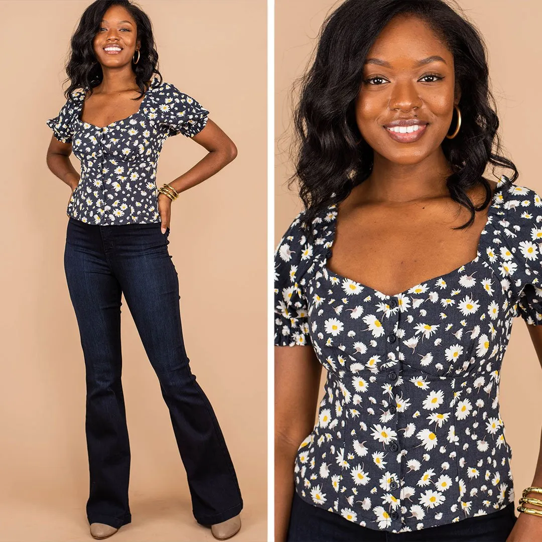 Feminine Wiles Navy Blue Floral Top