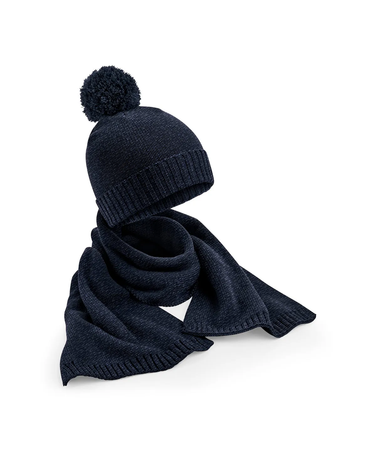 Knitted scarf and beanie gift set | Navy Fleck